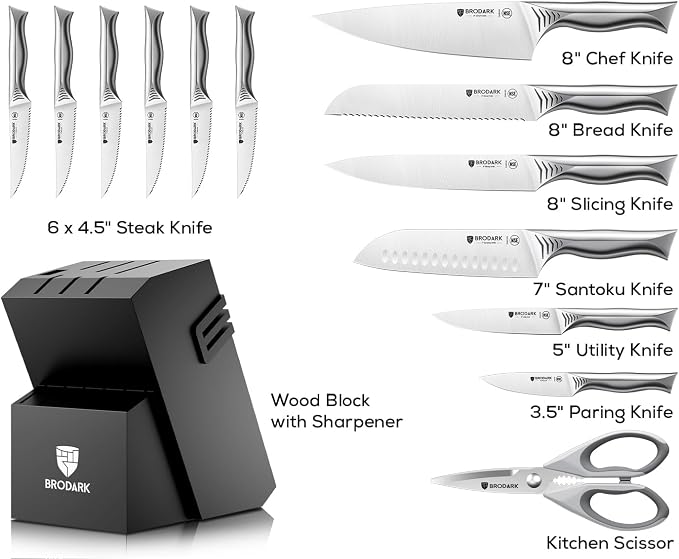 BRODARK Kitchen Knife Set with Block - 15-Piece Knife Block Set with Built-in Sharpener - High Carbon Stainless Steel Kitchen Knives Set for Kitchen - Christmas Gift, Shark Series, Mothers Day