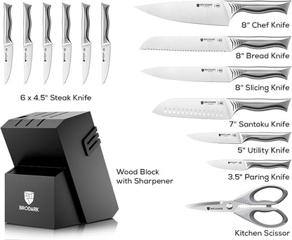 BRODARK Kitchen Knife Set with Block - 15-Piece Knife Block Set with Built-in Sharpener - High Carbon Stainless Steel Kitchen Knives Set for Kitchen - Shark Series