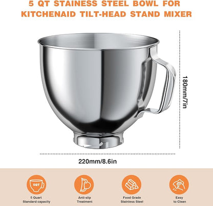 5 QT Food-Grade Stainless Steel Mixer Bowl Compatible With KITCHENAID TILT-HEAD STAND MIXERS 4.5-5 Quart, with Anti-slip handle & Prominent Clasp, Stainless Steel Polished