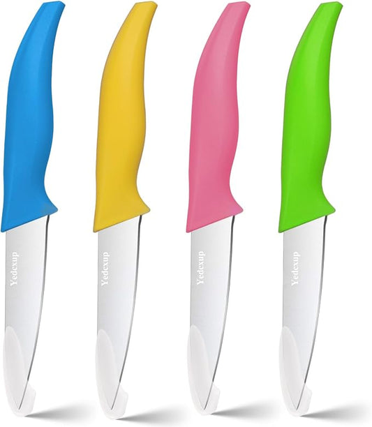 4-Piece Colored Paring Knife Set, 3.7 Inch Stainless Steel Sharp Fruit Vegetable Peeling Knives with Ergonomic Anti-Slip Large Handle, Small Kitchen Utility Knife for Daily Meal Prep, Assorted