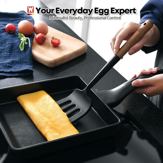 WAGENSTEIGER Set of 2pc Silicone Cooking Utensils: Wooden Handle Slotted Spatula + Cooking Skimmer, Heat Resistant Cooking Utensil, BPA Free, Safe Material for All Cooking Surfaces, Non-Slip Grip