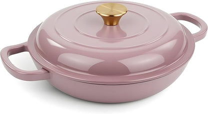 3 Quart Enameled Cast Iron Braiser, Non Stick Enameled Cast Iron Skillet with Lid, Dutch Oven Skillet with lid up to 500°F for Oven, Stove, Grill, Shallow Dutch Oven for Cook, Bake (Pink)