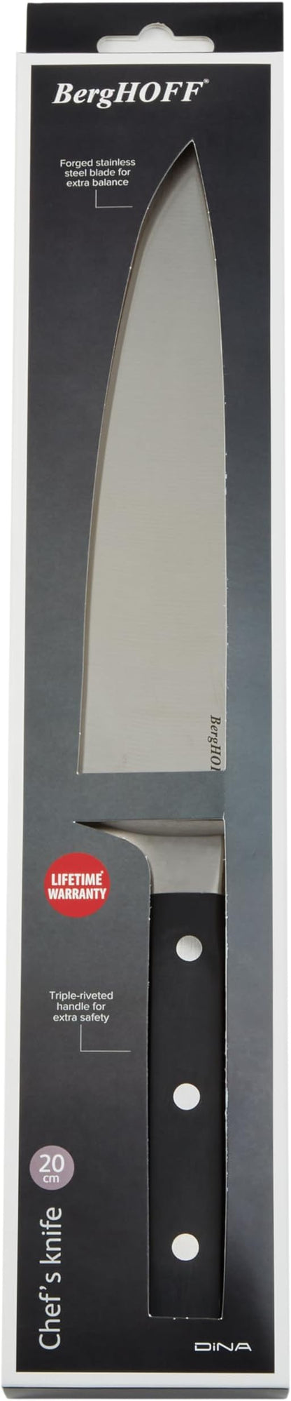 Berghoff DiNA Gene Stainless Steel Chef's Knife 8in with Triple Rivets Handle Sharp Wide Blade for Paring Cutting Slicing Fruits Vegetables Meat Fish Well Balanced, 20 cm