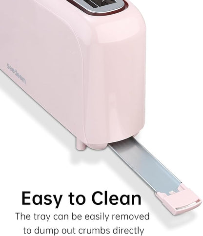 SEEDEEM 2 Slice Slim Toaster, Single 10" Long Slot Toaster Fits Bagels & Artisan Bread, 6 Shade Settings, Cancel/Reheat/Defrost, Removable Crumb Tray, Auto Shut-Off, Pink