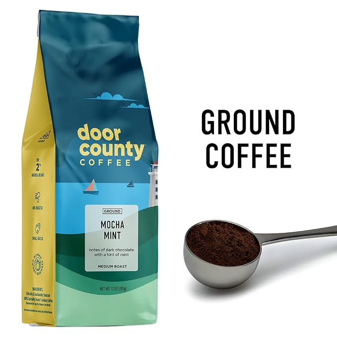 Door County Coffee Mocha Mint Flavored Ground Coffee - Medium Roast - 10 oz Bag - 100% Specialty Arabica