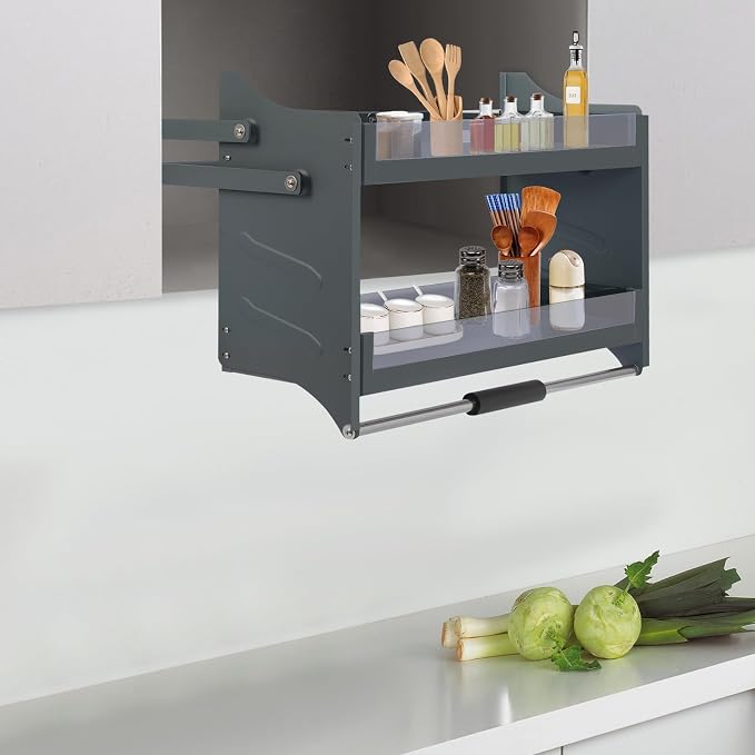 Pull Down Shelf for Upper Cabinets, 2-Tier Drop Down Cabinet Organizer, Kitchen Spice and Dishes Pull Down Storage Shelf, High Cabinet Pull-Out Organizer for Snack, Bowl (Dark Grey, 30in)