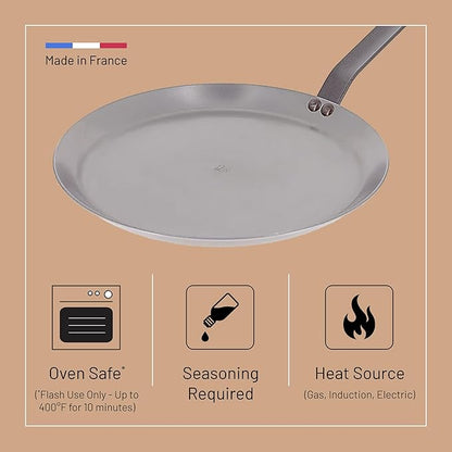 de Buyer MINERAL B Carbon Steel Crepe & Tortilla Pan - 12” Diameter, 10” Cooking Surface - Ideal for Making & Reheating Crepes, Tortillas & Pancakes - Naturally Non-Stick Finish - Made in France