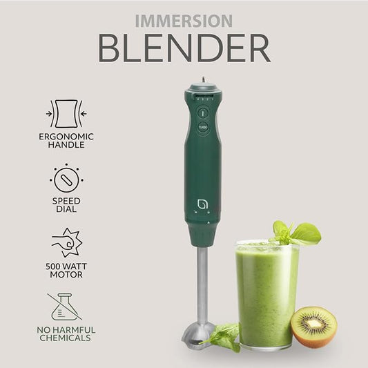 WILLOW Eco Series 5 Speed Immersion Blender Handheld, Powerful yet Quiet 500 Watt Electric Stick Blender with Turbo Mode & Removable Base, Hand Blender for Soup, Smoothie, 304 Stainless Steel - GREEN