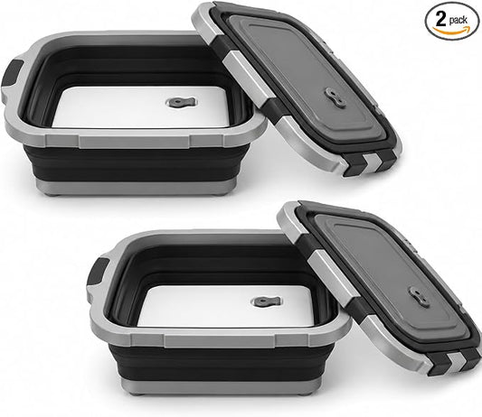 Pamper Paws 2-pack XL Collapsible BBQ Prep Tub with Cutting Board – Foldable Food Prep Container for Outdoor Cooking & Kitchen Use – Space Saving Collapsible Wash Tub, Portable BBQ Prep Tub (Black)
