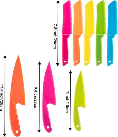 JOVITEC 8 Pcs Kid Cooking Kitchen Knife Set, Plastic Serrated Edges Children's Safe Chef Nylon Knives for Cutting Fruit Bread Cake Salad Lettuce Kids Cooking Supply(Multi Colors Square Knife)