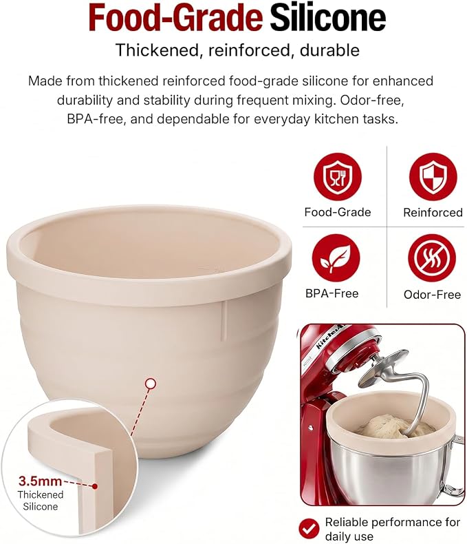 Silicone Bowl Liner for KitchenAid Tilt-Head 5QT Mixers, Kitchen Aid Accessories and Attachments for Baking and Cooking, Fits 5 Quart Mixing Bowl with Lids(Beige, 5QT)