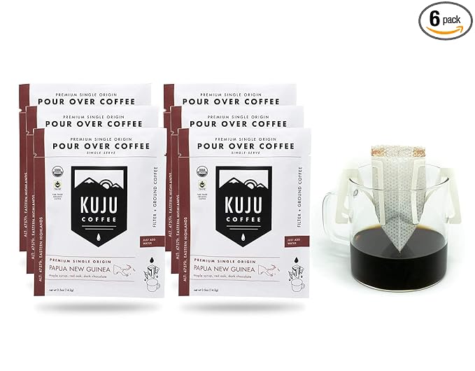 Kuju Coffee Premium Single-Serve Pour Over Coffee | Fair Trade Certified, USDA Organic, Single Origin Coffee, Eco-Friendly | Papua New Guinea - Eastern Highlands, 6-pack