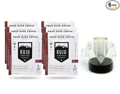 Kuju Coffee Premium Single-Serve Pour Over Coffee | Fair Trade Certified, USDA Organic, Single Origin Coffee, Eco-Friendly | Papua New Guinea - Eastern Highlands, 6-pack