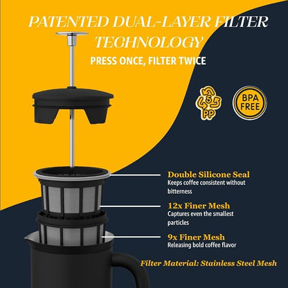 ESPRO Pro P7 French Press Stainless Steel 304 – Patented Double Walled Micro-Filter Insulated French Press Coffee Maker, Grit-Free Brew - Heat Resistant BPA Free - Matte Black - 18oz