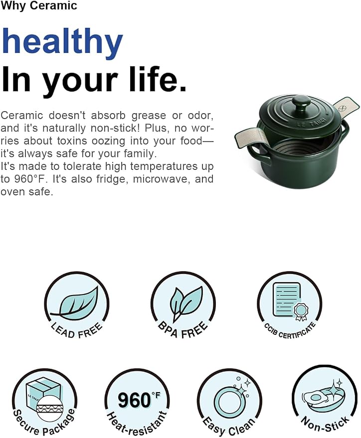 LE TAUCI 3 qt Ceramic Dutch Oven for Bread Baking with Silicone Sling- Lightweight, Non-Toxic, No Seasoning Needed- Oven, Microwave & Dishwasher Safe, Ideal for Home Bakers & Beginners, Forest Green
