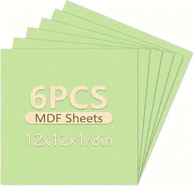 6 Pack Colored MDF Boards for Laser Engraving, 12x12x1/8 (3mm) Unfinished Fiberboard for Laser Cutting, DIY Craft Projects, Home Decor, Sign Making, Woodworking (Light Green)