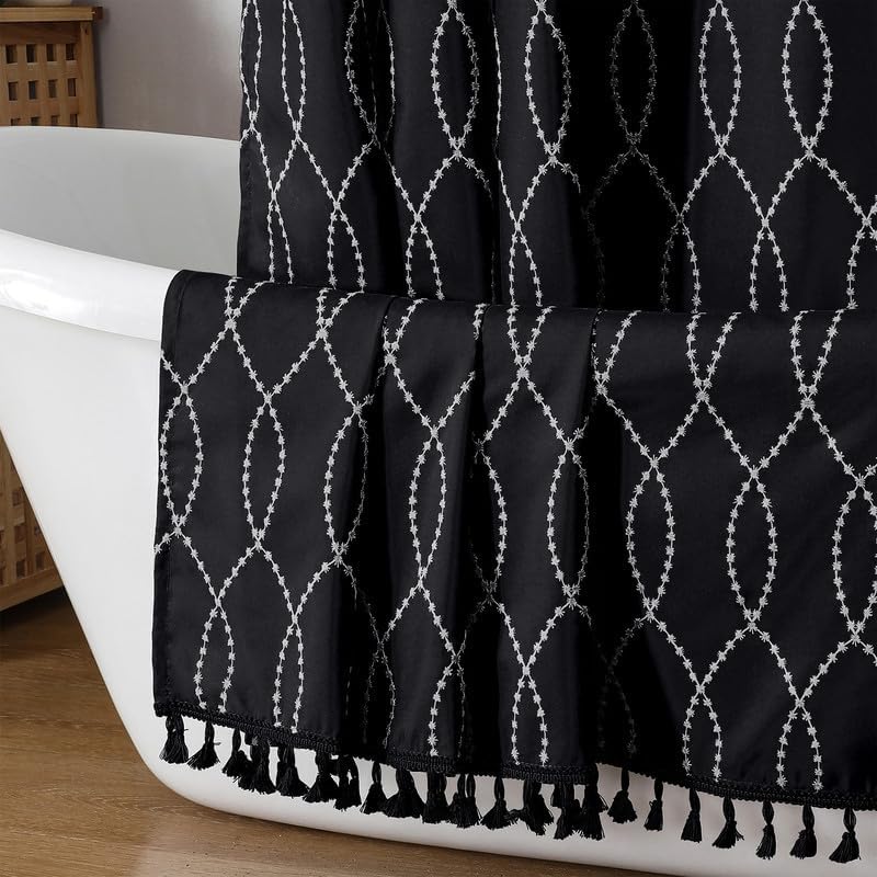OVZME Black Shower Curtain for Bathroom, Puff Printed Textured Shower Curtain with Tassels, Rustic Geometry Heavy Duty Vintage Country Bathroom Curtain, Water Resistant Fabric, 72Wx72L Inches