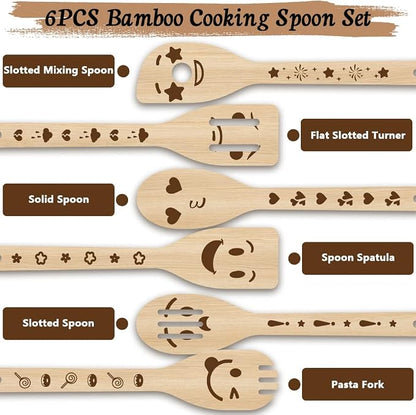 6Pcs 6 Styles Funny Wood Spoon Set for Cooking 2.4 x 11.8 Inch Durable Spatula, Smile Faces Bamboo Kitchen Utensils for Housewarming Wedding Anniversary Thanksgiving Birthday Gifts Use