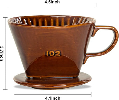 Pour Over Ceramic - Coffee Dripper Ceramic Coffee Maker with 3 Holes Flat Bottom, Porcelain Slow Filter Cone for Travel, Camping, Office, Home, Coffee Maker Brew, Brown