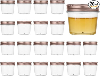 novelinks 4 oz Small Plastic Jars with Lids, 20 Pack Mini Plastic Mason Jars with Lids 4oz, Craft Storage Containers & Canning Jars & Small Spice Jars for Kitchen Organization (20 Pack,Rose Gold)