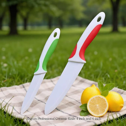 2 PCS Professional Ceramic knife 6”Meat knife 4” Fruit Knife,Kitchen knife with Sheaths,Zirconia Blade with Ergonomic Handle,Use for Meat Fruit Vegetable Bread and Butter (Green and Red)