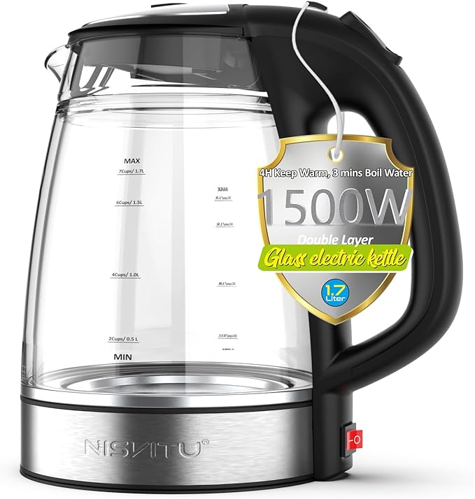 NISVITU 1.7L Dual Wall Cool Touch Electric Kettle, BPA-Free Borosilicate Glass Inner, PC Outer, 1500W Fast Boil Cordless Hot Water Boiler & Electric Tea Kettle, Keep Warm, Auto Shut-Off, Black