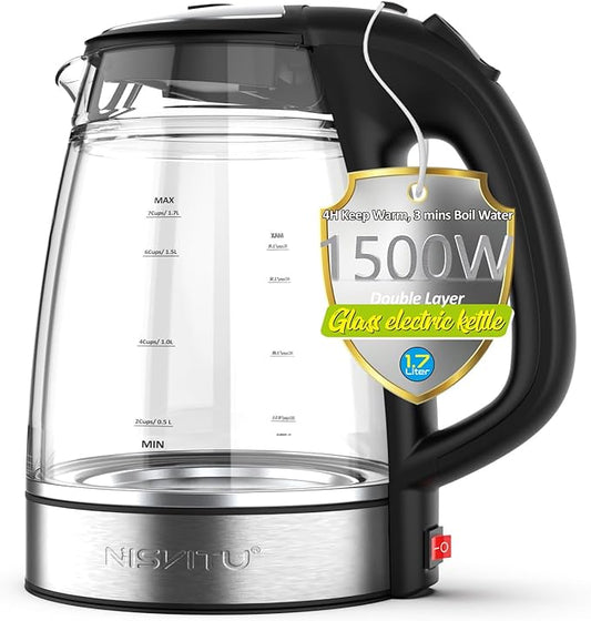 NISVITU 1.7L Dual Wall Cool Touch Electric Kettle, BPA-Free Borosilicate Glass Inner, PC Outer, 1500W Fast Boil Cordless Hot Water Boiler & Electric Tea Kettle, Keep Warm, Auto Shut-Off, Black