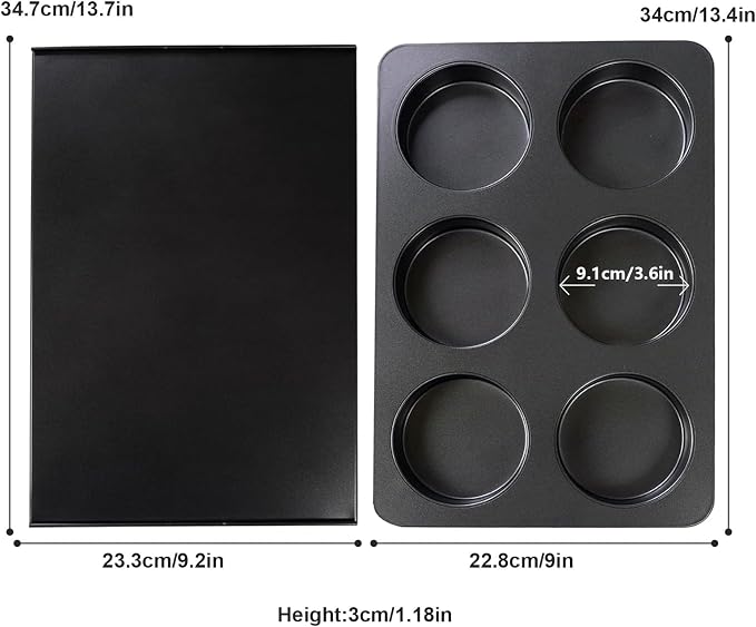 6 Cup Straight Side Jumbo English Muffin Cupcake Pan with Lid, Nonstick Hamburger Burger Bun Mold Muffin Pan for Baking Egg Sandwich Frittata Cinnamon Roll Focaccia Quiche Pancake