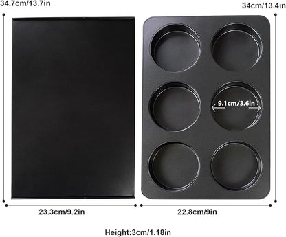6 Cup Straight Side Jumbo English Muffin Cupcake Pan with Lid, Nonstick Hamburger Burger Bun Mold Muffin Pan for Baking Egg Sandwich Frittata Cinnamon Roll Focaccia Quiche Pancake