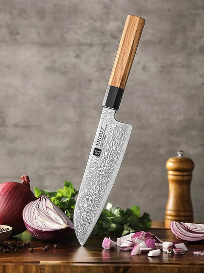 XINZUO 7.3 Inch Santoku Knife, Hand Forged 67 Layers Damascus Super Steel Chef Knife, Japanese Chopping Knife Ultra Sharp, Professional Kitchen Knife with Olive Wood Octagonal Handle