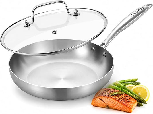Inqibee 8.5 Inch Stainless Steel Frying Pan with Lid, Tri-Ply Skillet, Induction Compatible Cooking Pan, Dishwasher Safe, Oven Safe, Small Fry Pan for Gas, Electric & Ceramic Cooktops