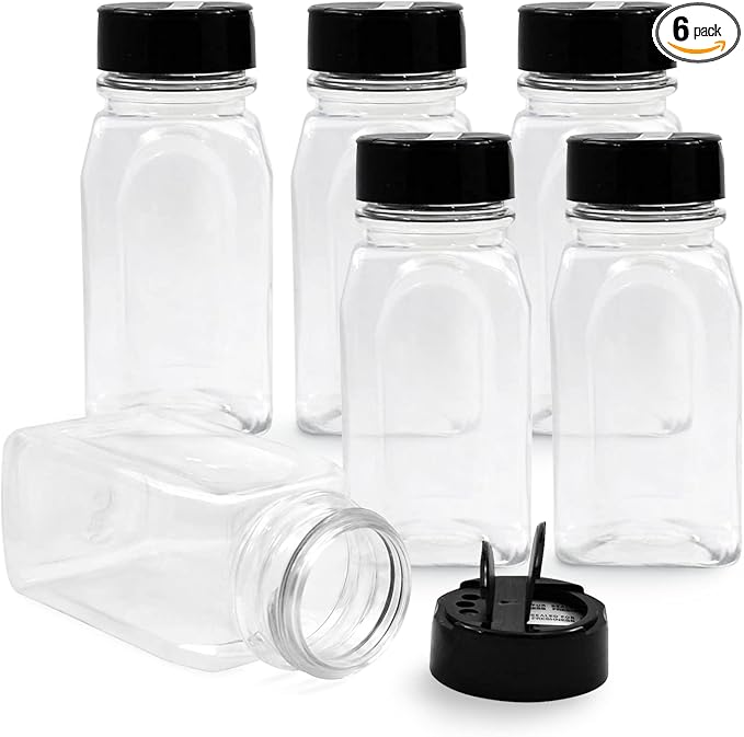 RoyalHouse 6 Pack 9.5 Oz Plastic Spice Jars with Black Cap, Clear and Safe Plastic Bottle Containers with Shaker Lids for Storing Spice, Herbs and Seasoning Powders, BPA Free, Made in USA