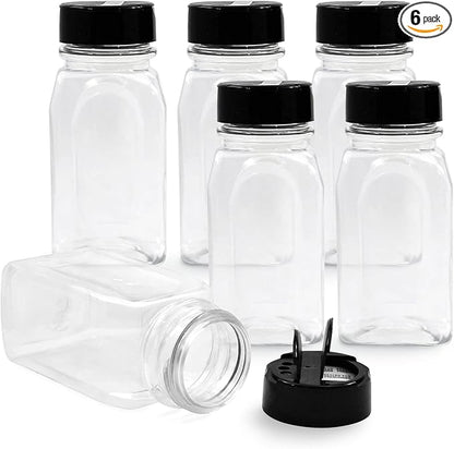 RoyalHouse 6 Pack 9.5 Oz Plastic Spice Jars with Black Cap, Clear and Safe Plastic Bottle Containers with Shaker Lids for Storing Spice, Herbs and Seasoning Powders, BPA Free, Made in USA