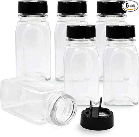 RoyalHouse 6 Pack 9.5 Oz Plastic Spice Jars with Black Cap, Clear and Safe Plastic Bottle Containers with Shaker Lids for Storing Spice, Herbs and Seasoning Powders, BPA Free, Made in USA