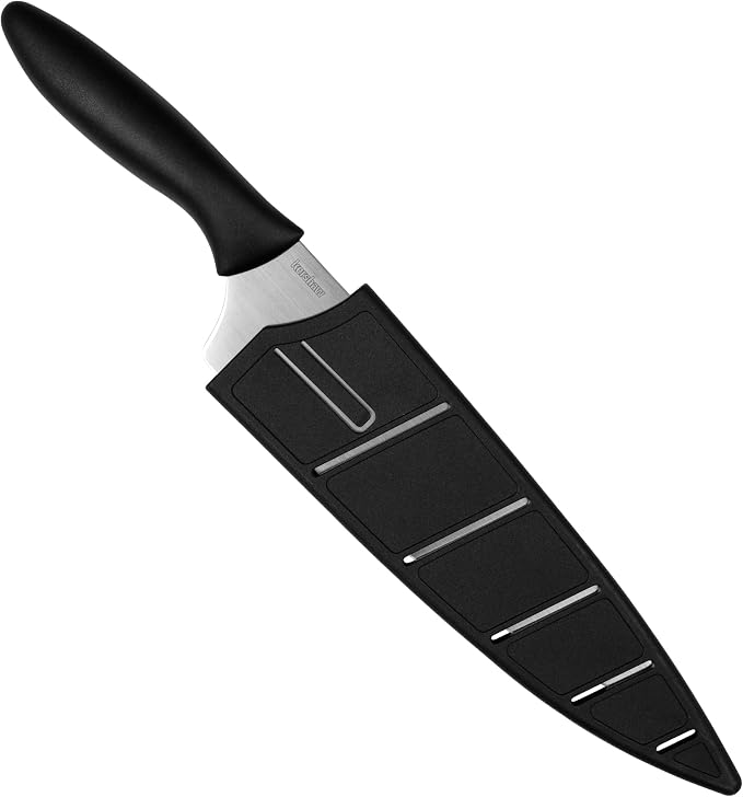 Kershaw 8” Chef’s Knife, Black, 8 Inch Stainless Steel Drop Point Plain Edge Blade, Included Sheath, Comfortable Handle, All Purpose Chef Knife for Meat, Fruit, Vegetables and More