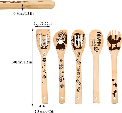 Birthday Gifts for Women - 5 PCS Leo and Stitc Wooden Spoons for Cooking,Engraved Cartoon Kitchen Accessories,Cute Cartoon Spatula for Kitchen Decor Stitc Kitchen Stuff,Lelo and Stitc Gifts