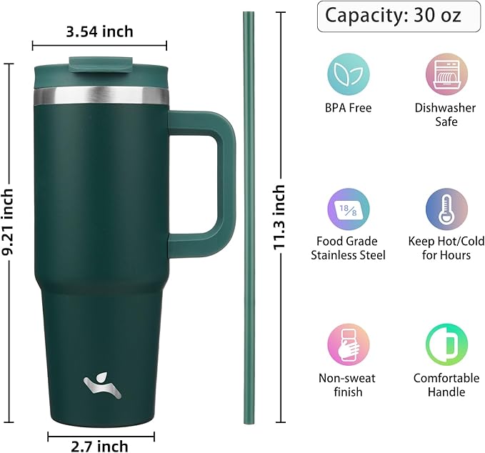 Konokyo 30 oz Tumbler with Handle and 2 Straws,2 in 1 Lid Insulated Water Bottle Stainless Steel Travel Coffee Mug,Dark Green