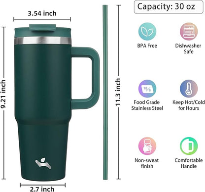 Konokyo 30 oz Tumbler with Handle and 2 Straws,2 in 1 Lid Insulated Water Bottle Stainless Steel Travel Coffee Mug,Dark Green