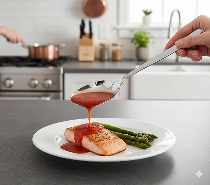 2 Pack 8 inch Kunz Small Regular and Perforated Sauce Spoon Set | 18/10 Stainless Steel Silver Chef Spoon ideal for drizzling sauces, plating desserts, Dishwasher safe
