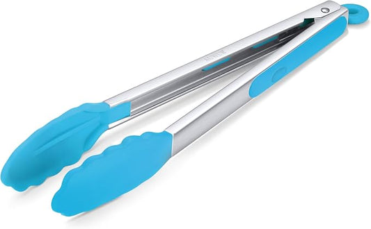 Silicone Salad Tongs - 12 Inch, 304 Stainless Steel Core & Non-Slip Grip, Blue Color, Kitchen Utensils for Grilling Salad