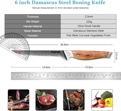 XITUO 6-Inch Boning Knife, Damascus Steel Sharp Blade with Olive Wood Handle – Heavy Duty Meat Trimmer for Steak, Ribs & Turkey, Great Gift for Cooking Enthusiasts
