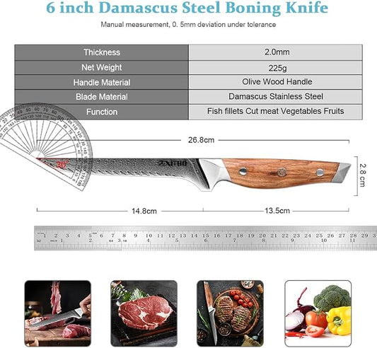 XITUO 6-Inch Boning Knife, Damascus Steel Sharp Blade with Olive Wood Handle – Heavy Duty Meat Trimmer for Steak, Ribs & Turkey, Great Gift for Cooking Enthusiasts