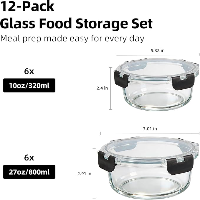 Konokyo Round Glass Food Storage Containers with Lids, 12 Pack Airtight Leakproof Meal Prep Containers, BPA-Free, Microwave Oven Freezer & Dishwasher Safe, Assorted Sizes