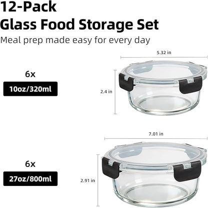 Konokyo Round Glass Food Storage Containers with Lids, 12 Pack Airtight Leakproof Meal Prep Containers, BPA-Free, Microwave Oven Freezer & Dishwasher Safe, Assorted Sizes