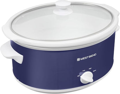 West Bend Slow Cooker 6-Quart Manual Crockery Style with Dishwasher Safe Oval Ceramic Crockpot and Glass Lid Two Temperature Settings Plus Keep Warm, 330-Watts, Navy