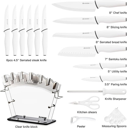 Astercook Knife Set with Block and Sharpener, 22 Piece Kitchen Knife Set Dishwasher Safe, Space-Saving Clear Knife Block with Knives for Everyday Home Cooking White