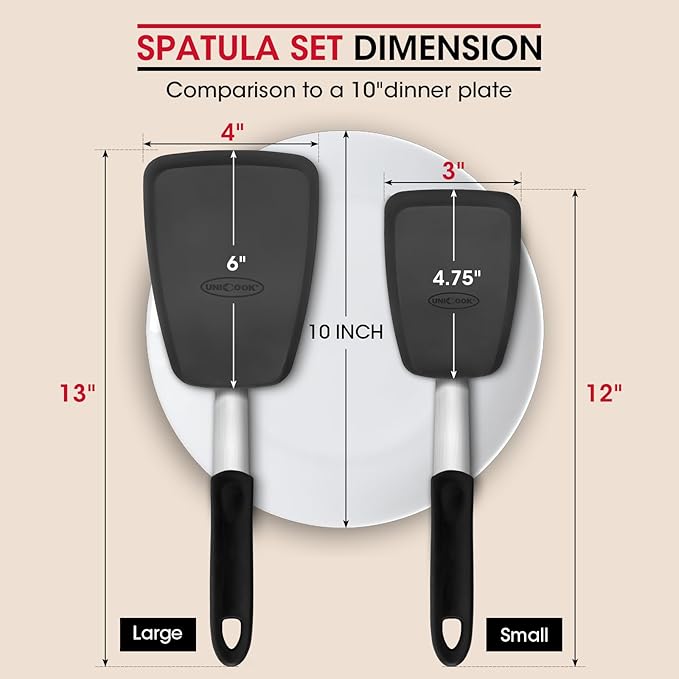 Unicook 4 Pack Flexible Silicone Spatula, Turner, 600F Heat Resistant, Ideal for Flipping Eggs, Burgers, Crepes and More, Black