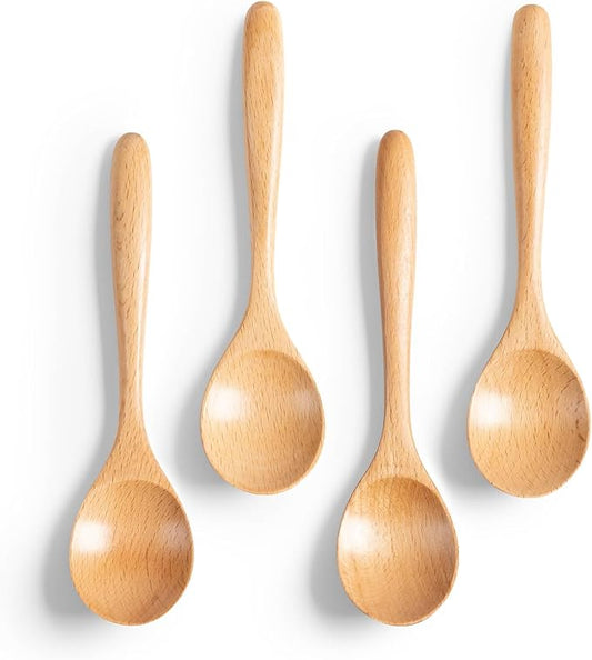4 PCS Wooden Spoons for Honey, 6.7 inch Small Wooden Spoons - Terrific for Tea, Coffee & Soup, Little Beech Wood Serving Table Spoon Set, Bulk Bamboo Teaspoon for Eating with Unique Design