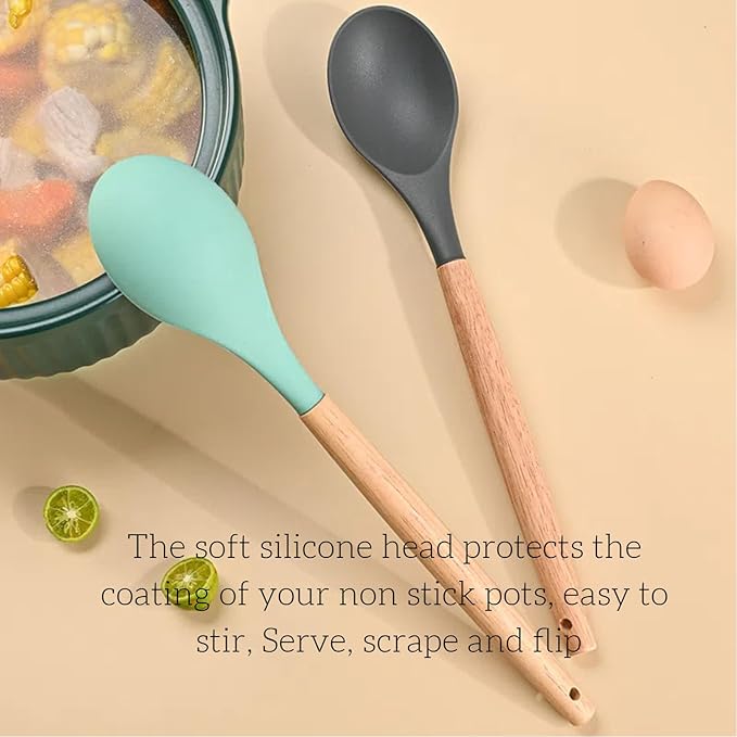 LorisArm Wooden Handle Silicone Spoon, 12" Rubber Spoon 4-Pack Nonstick Stirring Spoons for Baking Cooking and Mixing, Kitchen Serving Spoons (Grey, Green, White, Black).