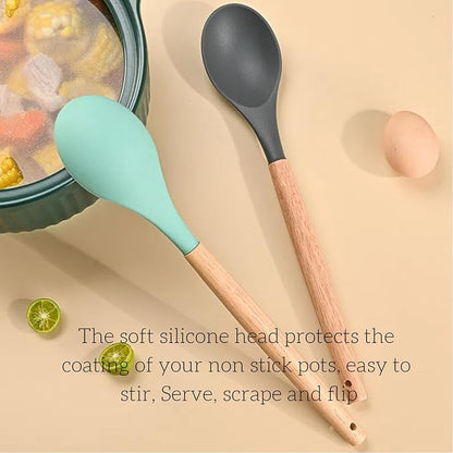 LorisArm Wooden Handle Silicone Spoon, 12" Rubber Spoon 4-Pack Nonstick Stirring Spoons for Baking Cooking and Mixing, Kitchen Serving Spoons (Grey, Green, White, Black).